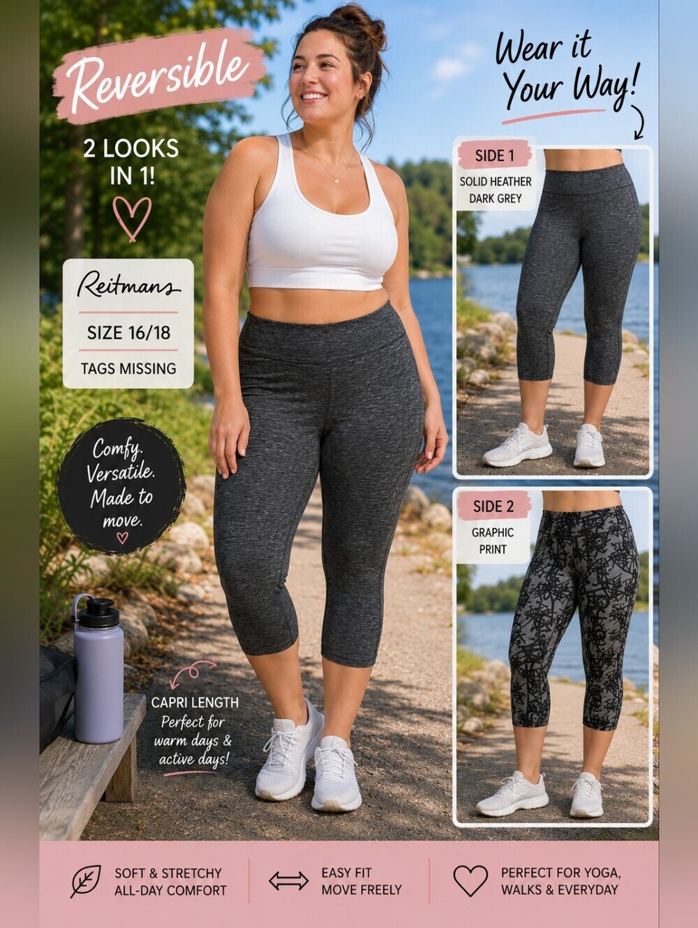 Reitmans Reversible Capri Leggings Size 16/18 Black Grey Activewear